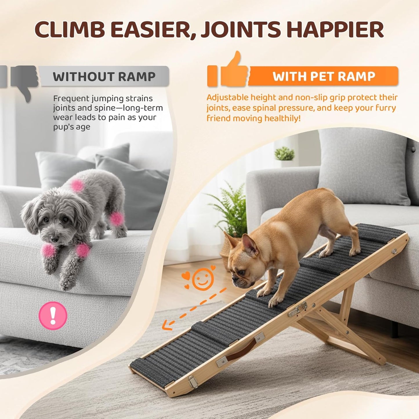 VINGLI Dog Ramp for Bed, 33" Foldable Dog Steps for Couch Height Adjustable, Portable Pet Ramp for Car with Non-Slip Mat (33 inch)