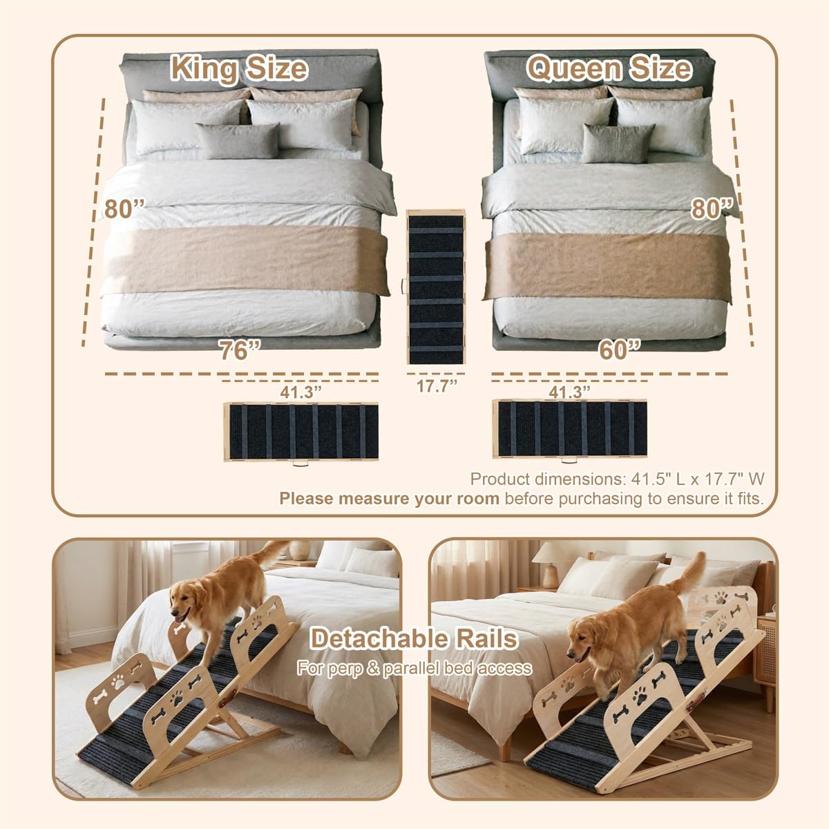 Dog Ramp for Bed, 43.5" Long Wooden Foldable Dog Ramp, 6 Adjustable Heights from 14" to 26" with Anti-Slip Traction Mat, Portable Pet Ramp for Car, Bed, Couch, Max 200lbs - 43.5inch