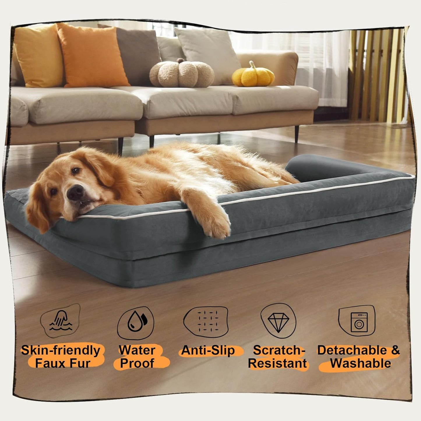 Large Dog Bed Orthopedic Washable - Beds Bolster - Medium XL XLarge Big Dogs - Memory Foam Couch Sofa - Waterproof with Removable Cover