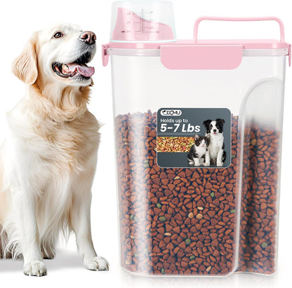 Dog Cat Food Storage Container, Pet Food Container Airtight with Large Spout & Cup, BPA-Free Plastic Food Dispenser for Pet Food, Bird Seed, Rice, Flour - Pink 2.5-5lb (1 pack)