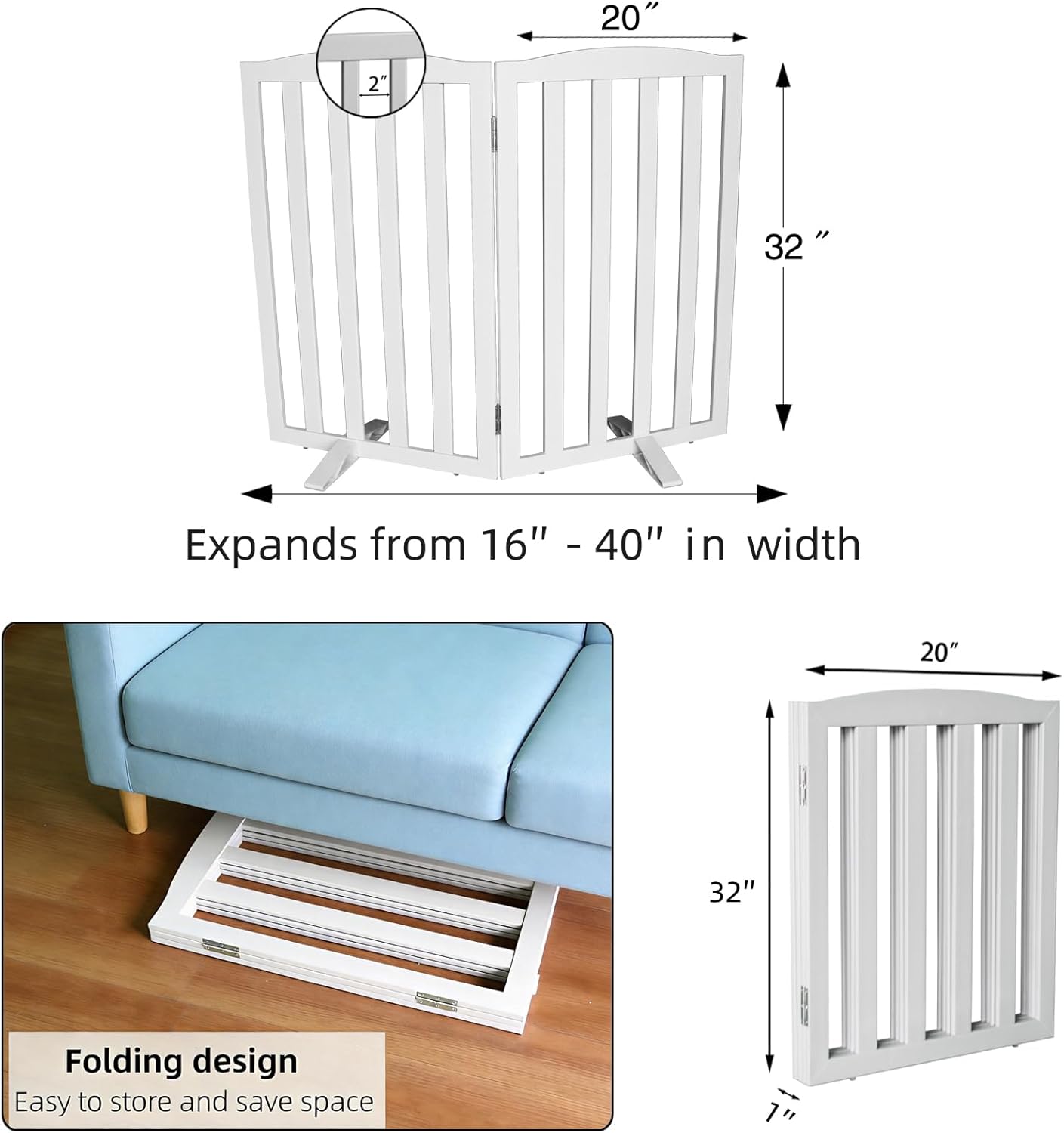Freestanding Dog Gate Indoor,Doggie Gate Foldable Dog Gates for Doorways,Stairs or Hallways, Wooden White Pet Gate for the House, Pet Fence with Support Feet Included,24 "Height-4 Panels