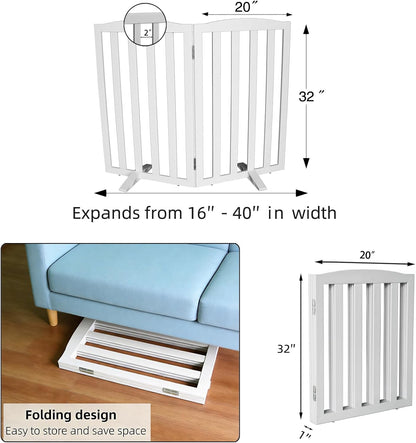 Freestanding Dog Gate Indoor,Doggie Gate Foldable Dog Gates for Doorways,Stairs or Hallways, Wooden White Pet Gate for the House, Pet Fence with Support Feet Included,24 "Height-4 Panels
