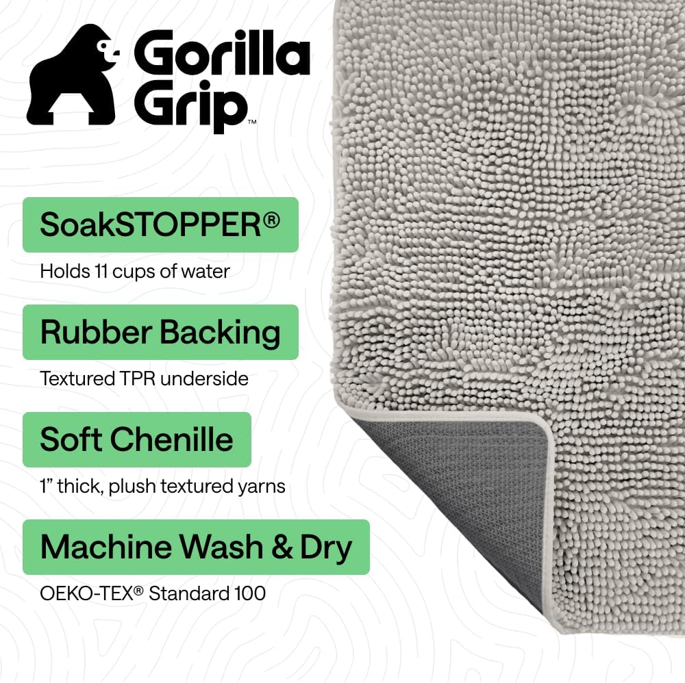 GORILLA GRIP SoakSTOPPER Dog Door Mat, 30x20 Machine Washable Rug Absorbent Doormat Captures Moisture Mud Dirt, Quick Dry Soft Chenille Entryway Rugs Indoor Entrance Mats for Dog Paws, Paw Grey