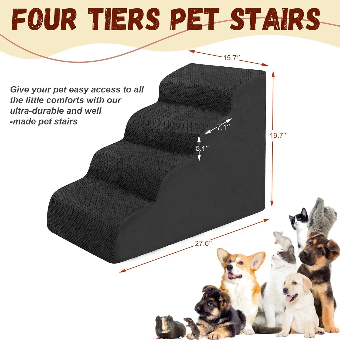 Dog Stairs for Small Dogs - High Density Foam Dog Ramp, Extra Wide Pet Steps with Non-Slip Bottom for High Beds, Couche and Sofa, Best for Pet Injured, Older Dogs Cats (Grey, 4 Steps)