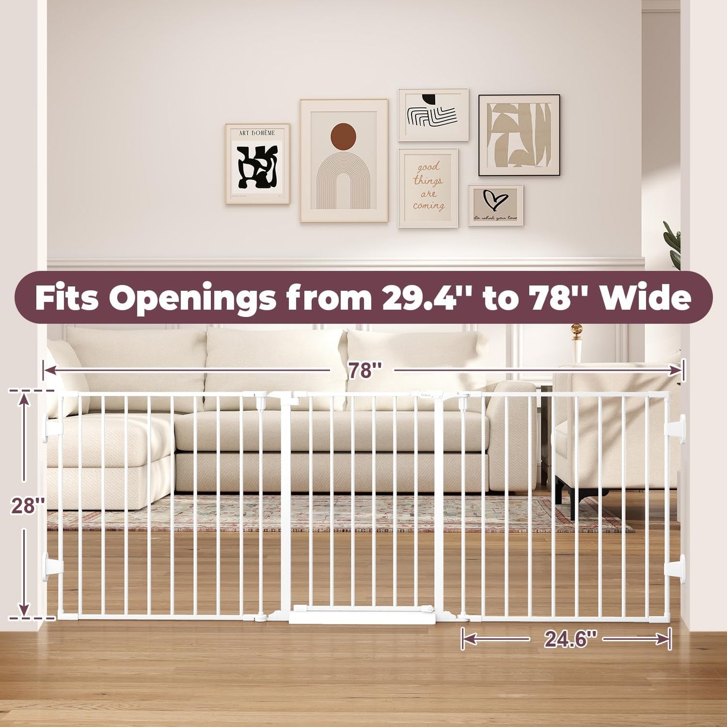29.4-78" Extra Wide Baby Gate, Long Dog Gates Indoor for Doorways Stairs, Essential Large Safety Gate for Child Toddler with Anti-Trip Pedal, Adjustable Pet Gate, 28" Tall 3 Metal Panels Black