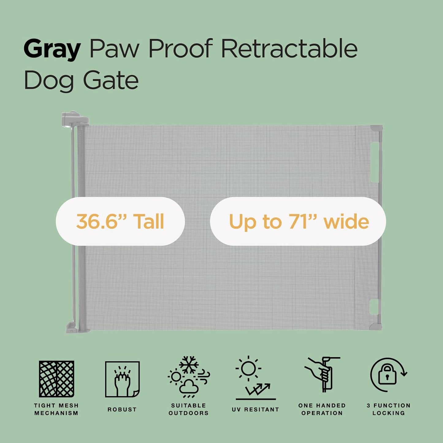 Hakuna Pets Indoor/Outdoor Paw Proof Retractable Dog Gate, 36.6" Tall Extends to 71" Wide, Black