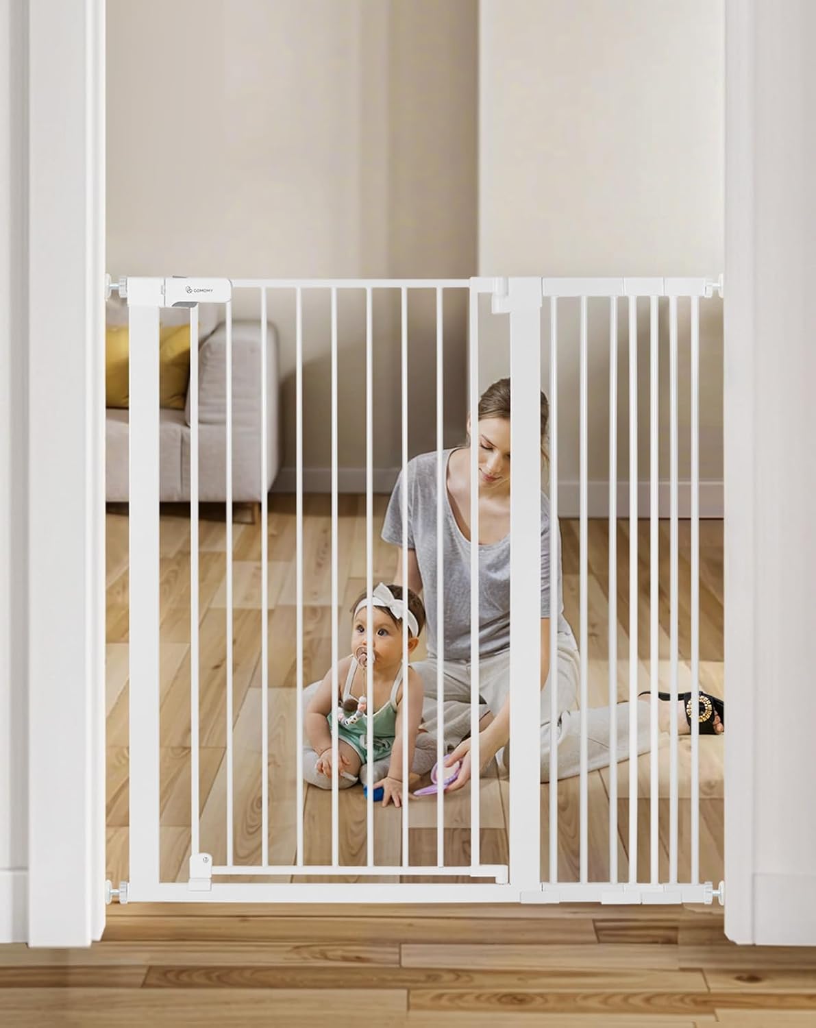COMOMY 42" Extra Tall Baby Gate for Stairs Doorways, Fits Openings 29.5" to 40.6" Wide, Auto Close Sturdy Safety Dog Gate for House, Pressure Mounted Easy Walk Through Pet Gate with Door, White