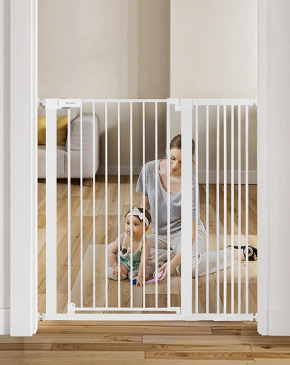 COMOMY 42" Extra Tall Baby Gate for Stairs Doorways, Fits Openings 29.5" to 40.6" Wide, Auto Close Sturdy Safety Dog Gate for House, Pressure Mounted Easy Walk Through Pet Gate with Door, White