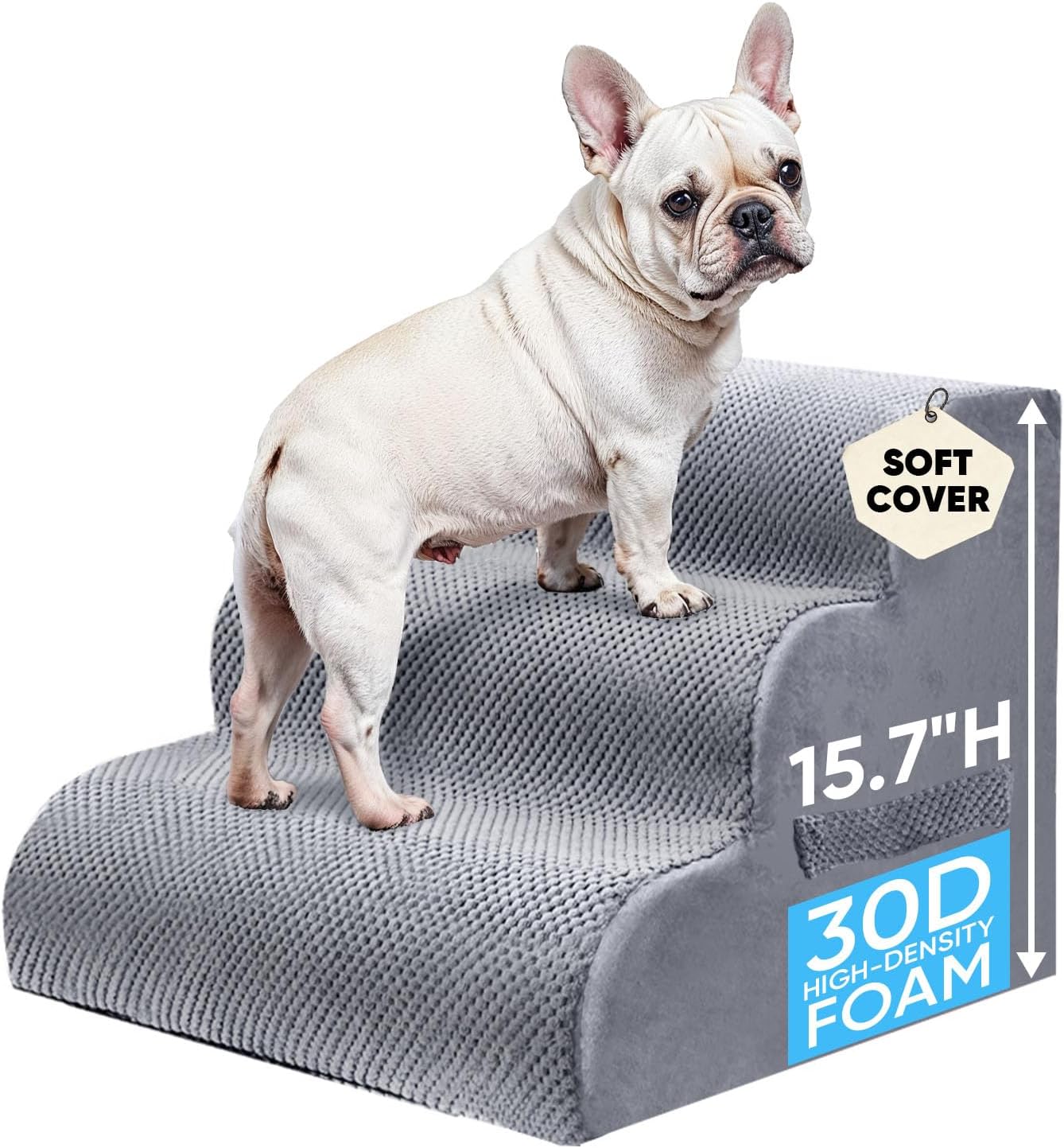 PAWSCRAT Pet Stairs for Dogs 4-Step, 19.6" H Pet Stairs for High Bed, Couch Sofa & Chair, 30D Material Soft Foam Dog Steps with Non-Slip Bottom Surface Removable Washable Cover, Grey