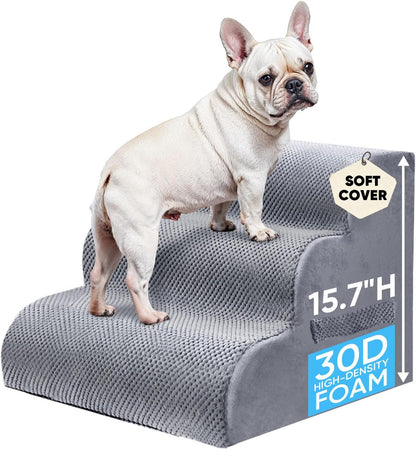 PAWSCRAT Pet Stairs for Dogs 4-Step, 19.6" H Pet Stairs for High Bed, Couch Sofa & Chair, 30D Material Soft Foam Dog Steps with Non-Slip Bottom Surface Removable Washable Cover, Grey