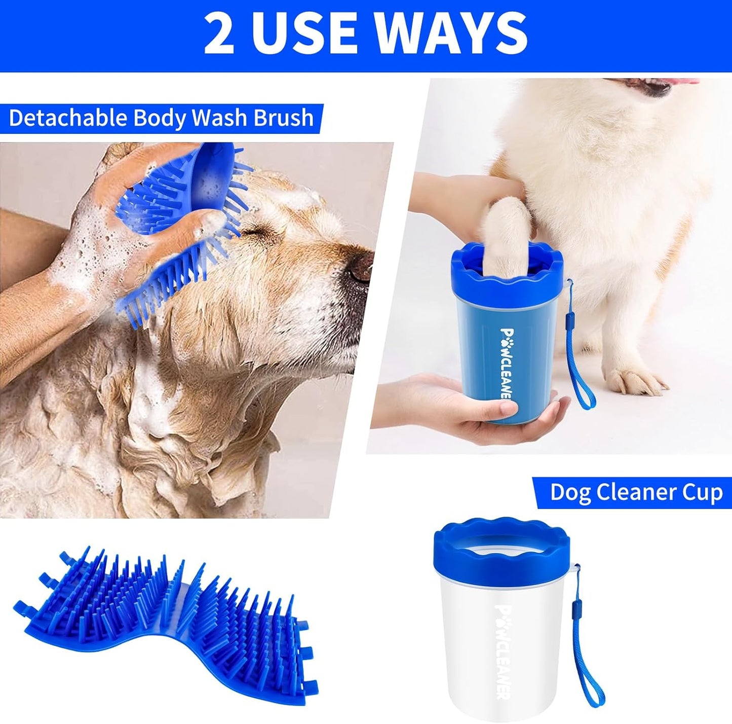 Professional 7 in 1 Dog Paw Cleaner for Dogs & Cats - Includes 1 Portable Paw Washer, 1 Bath Brush, 2 Dog Toothbrushes and 3 Absorbent Towels Note: Fits Paws up to 2 Inches Wide (Small, Blue)