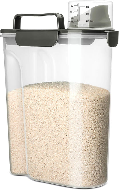 Viretec Rice Airtight Storage Container, 3 to 5Lbs Cereal Dry Food Flour Bin, Pet Dog Cat Food Dispenser with Measuring Cup, BPA Free Clear Plastic Kitchen and Pantry Organization Bin for Sugar