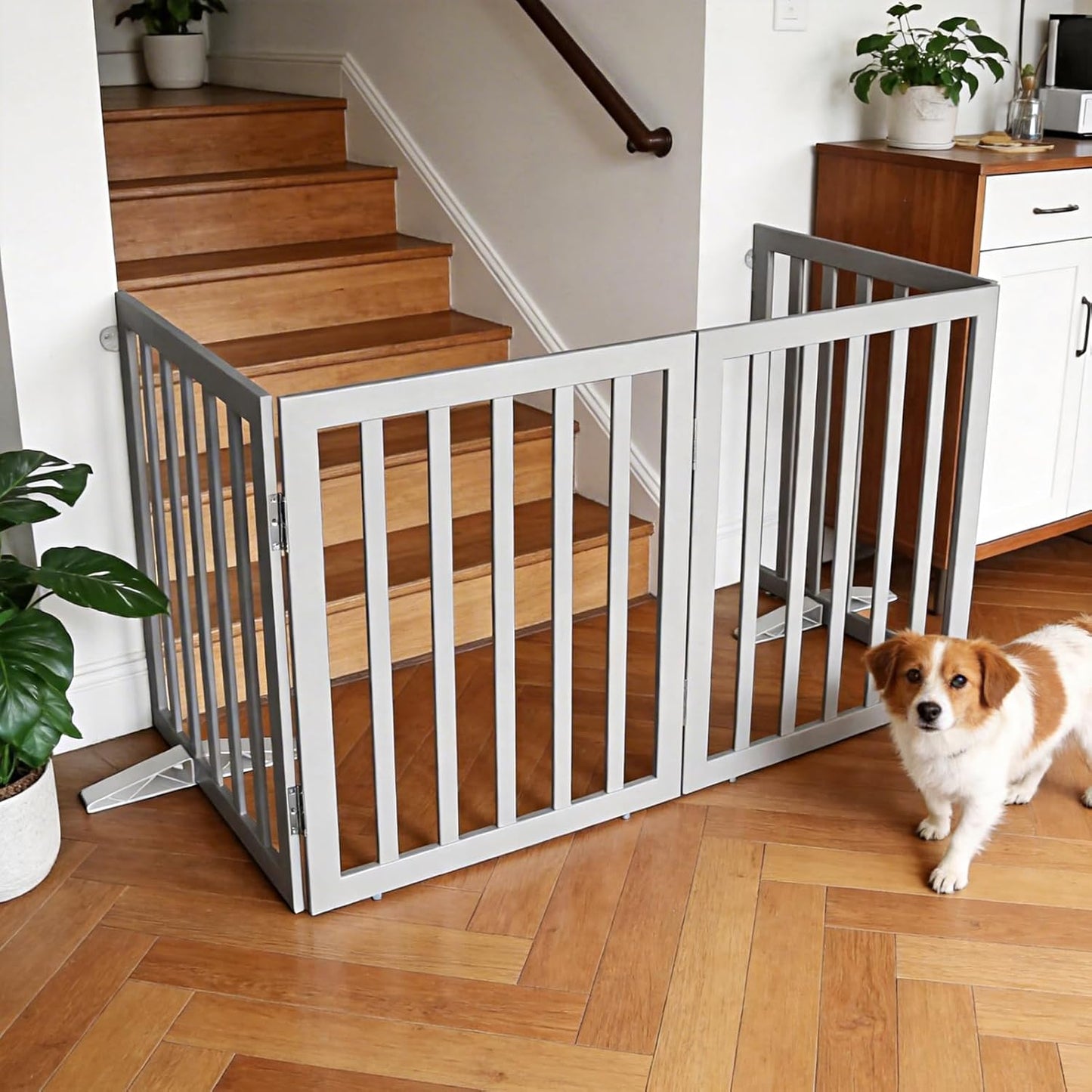 ZJSF Freestanding Indoor Dog Gate for House Foldable Wood Puppy Gate for Doorways Pet Gate for Stairs Extra Wide Pet Fence, Brown, 24" Height 3 Panels
