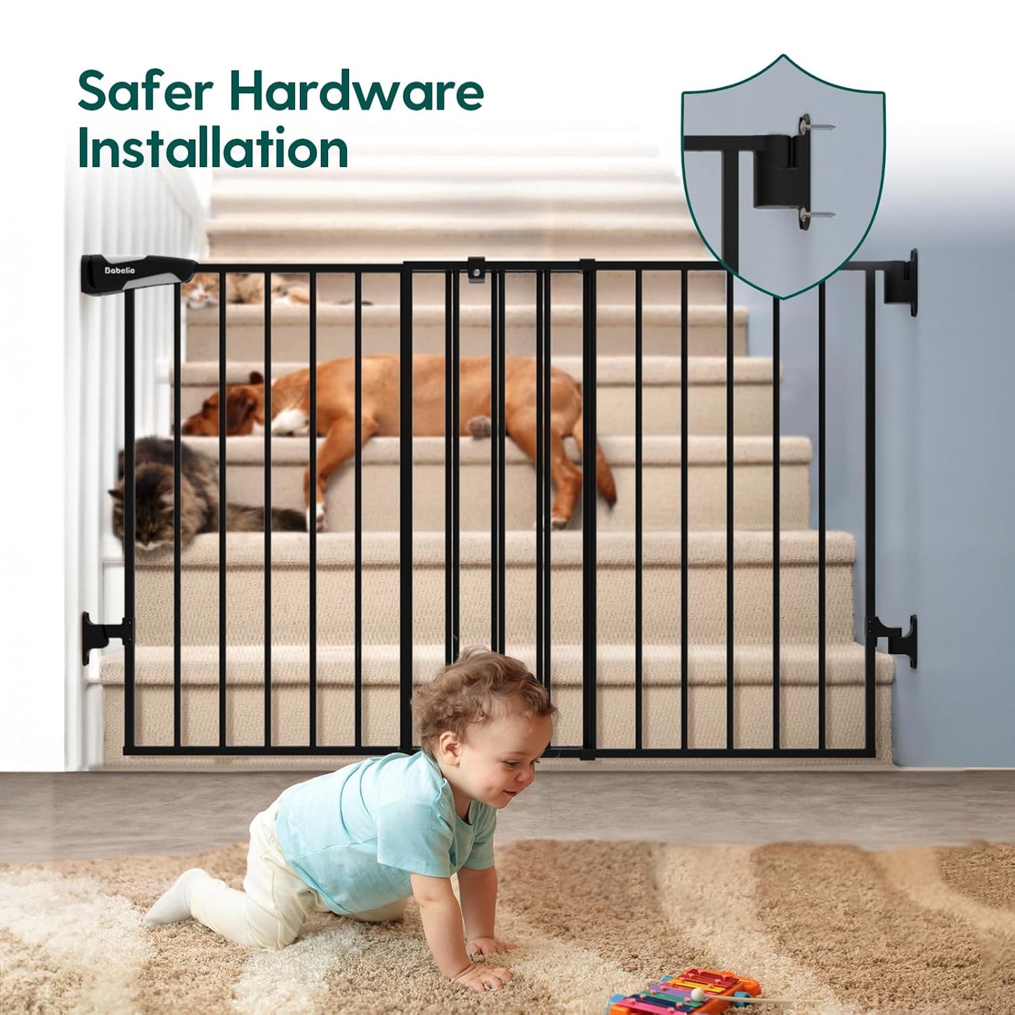 Babelio Baby Gate for Stairs, Kitchen & Doorways, 26-43" W 28" H No Bottom Bar| Easy Installation| One-Handed Operation| Auto-Close| Hardware Mount (Drill Needed) Safety Dog/Pet Gate Indoor (White)