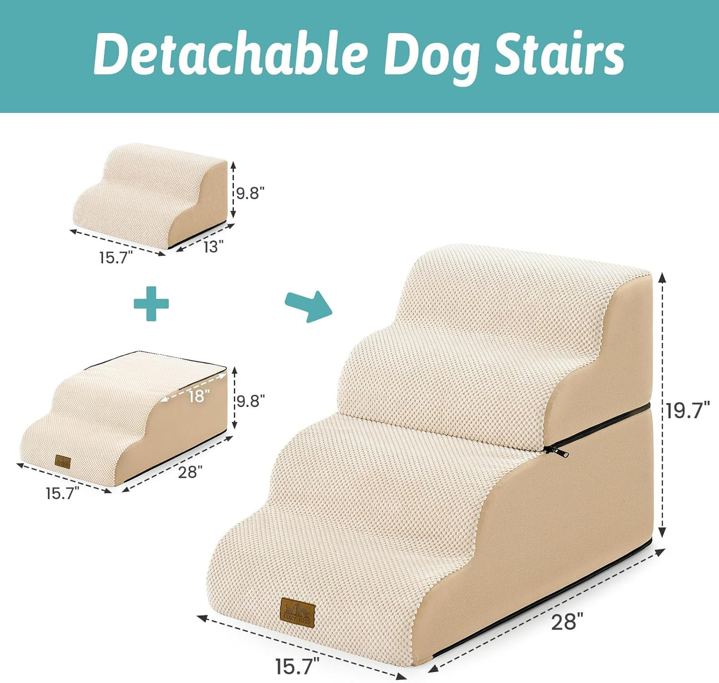 COZY KISS Extra Wide Dog Stairs with Tunnel, Foam Detachable Large Dog Step for Small Pet, Puppy or Cats, Medium Pet Ramp for High Bed, Couch, Sofa or Car, 19.7x33x22.4 inch, 5 Step, Beige