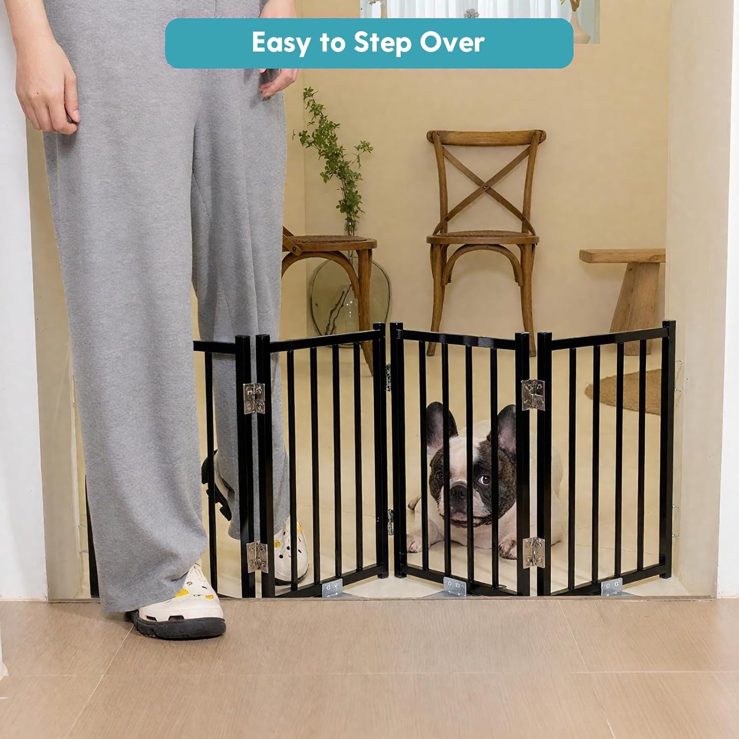 No Pawblems Free Standing Short Dog Gate, 16.5'' Tall Foldable Dog Fence for Indoor & Outdoor, Up to 72 Inch Extra Wide Puppy Gate for Stairs, Hallways, Doorways, Deck, Yard (White, 6 Panels)