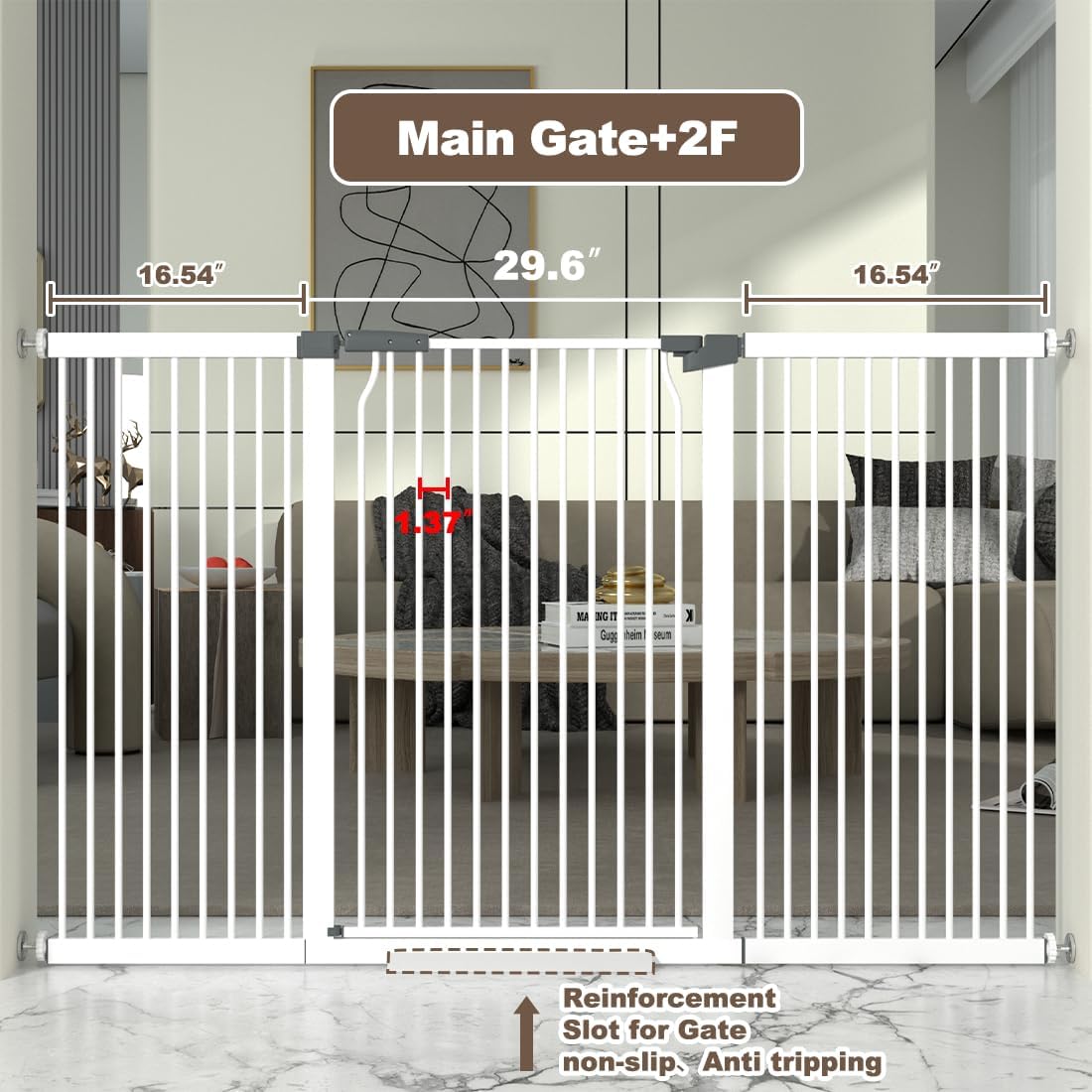 41" Extra Tall Cat Gate for Doorway, 49.2-54.7 Metal Pet Baby Safe Gate, Extra Wide Pressure Mounted Child Door with Expansion Kit, No Drilling No Climb Cat Fence Indoor, Tall Dog Gate, White