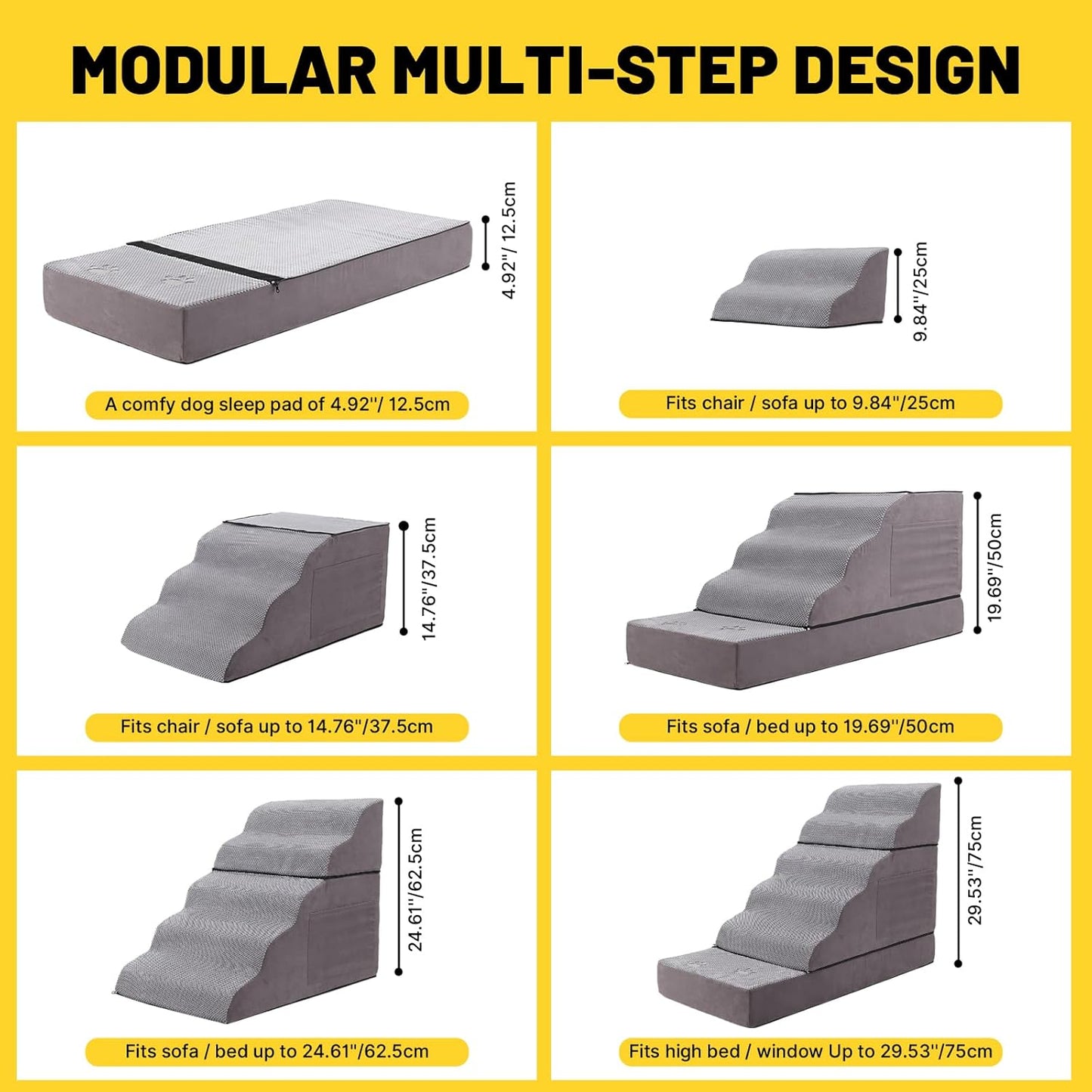 Large Dog Stairs – Extra Large Dog Steps for Bed, Couch & Car, 6-Step Pet Steps for Puppies & Senior Dogs, Pet Stairs with Washable Cover, Side Pockets, Non-Slip Bottom, 43.3" L x 19.7" W Grey