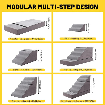 Large Dog Stairs – Extra Large Dog Steps for Bed, Couch & Car, 6-Step Pet Steps for Puppies & Senior Dogs, Pet Stairs with Washable Cover, Side Pockets, Non-Slip Bottom, 43.3" L x 19.7" W Grey