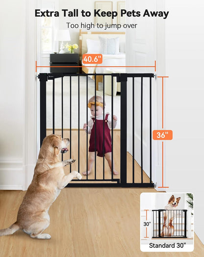 COMOMY 36" Extra Tall Baby Gate for Stairs and Doorways - Fits 29.5" to 48.8" Wide Openings, Auto Close Extra Wide Dog Gate for House, Pressure Mounted Easy Walk Through Pet With Door, Black