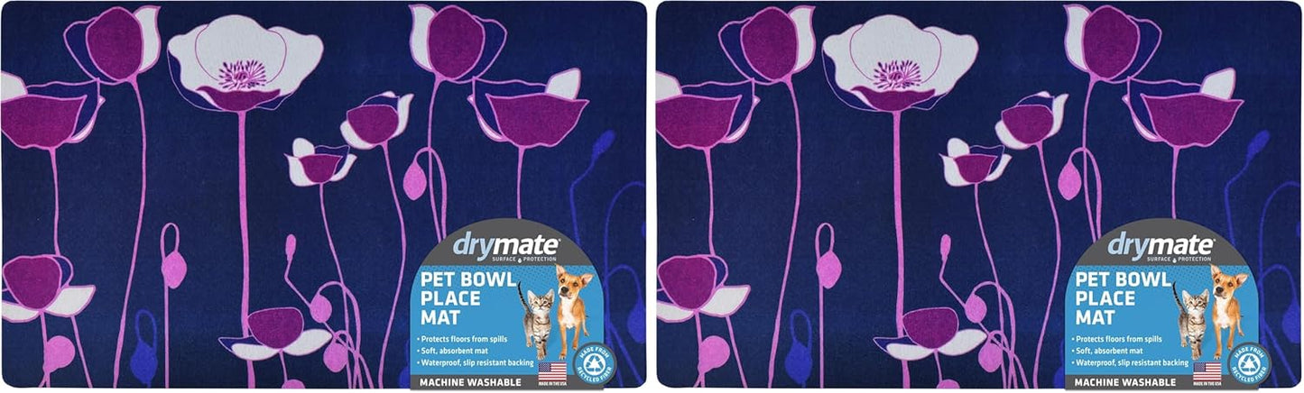 Drymate Pet Bowl Placemat, Dog & Cat Food Feeding Mat - Absorbent Fabric, Waterproof Backing, Slip-Resistant - Machine Washable/Durable (USA Made) (12” x 20”) (Indigo)
