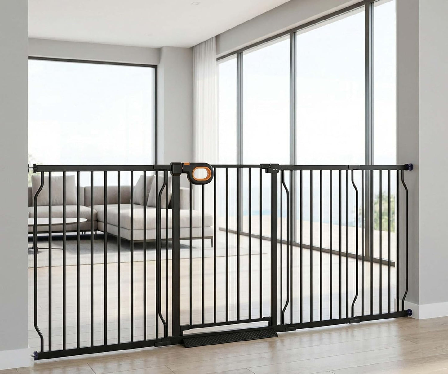 Baby Gates Extra Wide for Doorways 90.6-95.2 Inch Extra Wide Pressure Mounted Baby Dog Gate for the House Indoor Large Openning Metal Safety Gate No Drilling with Walk-Through Door,Black