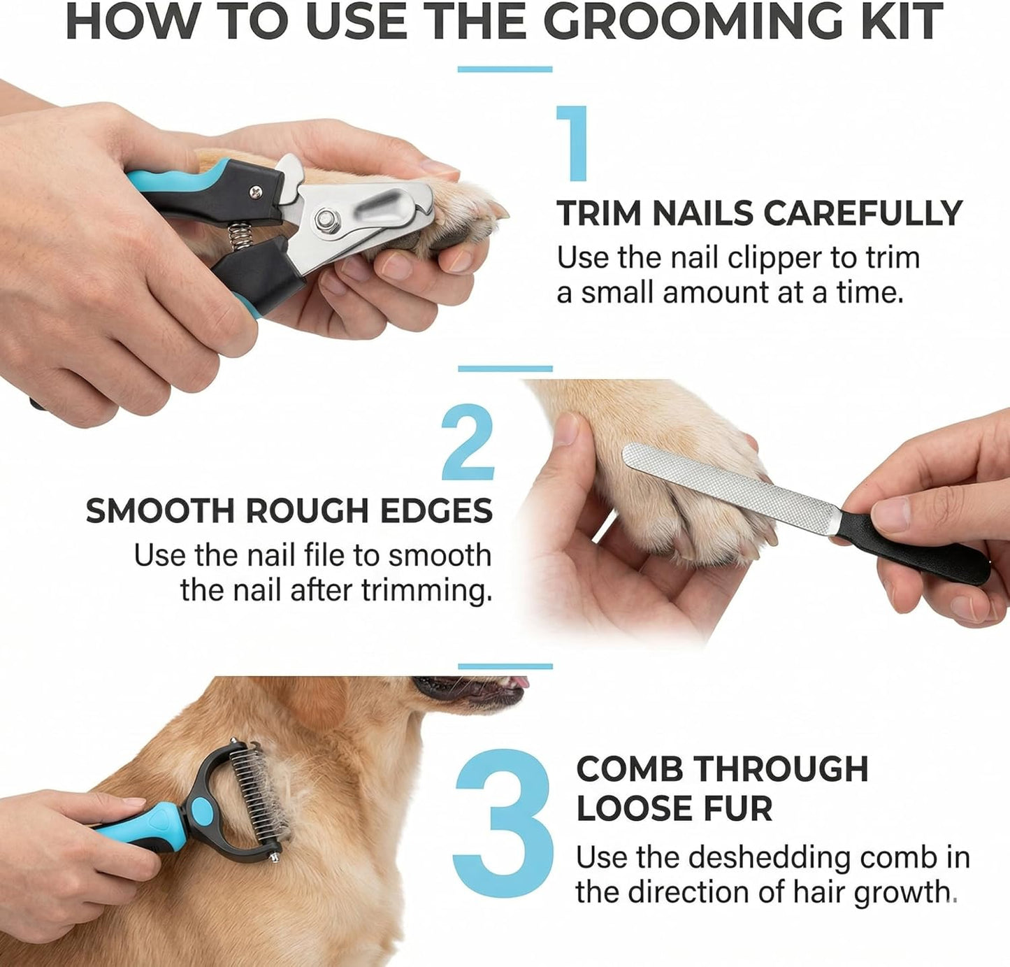 Kuzey Home Pet Nail Clipper & Deshedding Comb Set for Cats and Dogs, Safety Guard to Help Prevent Overcutting, Stainless Steel Blade, Non-Slip Handle, Includes Nail File