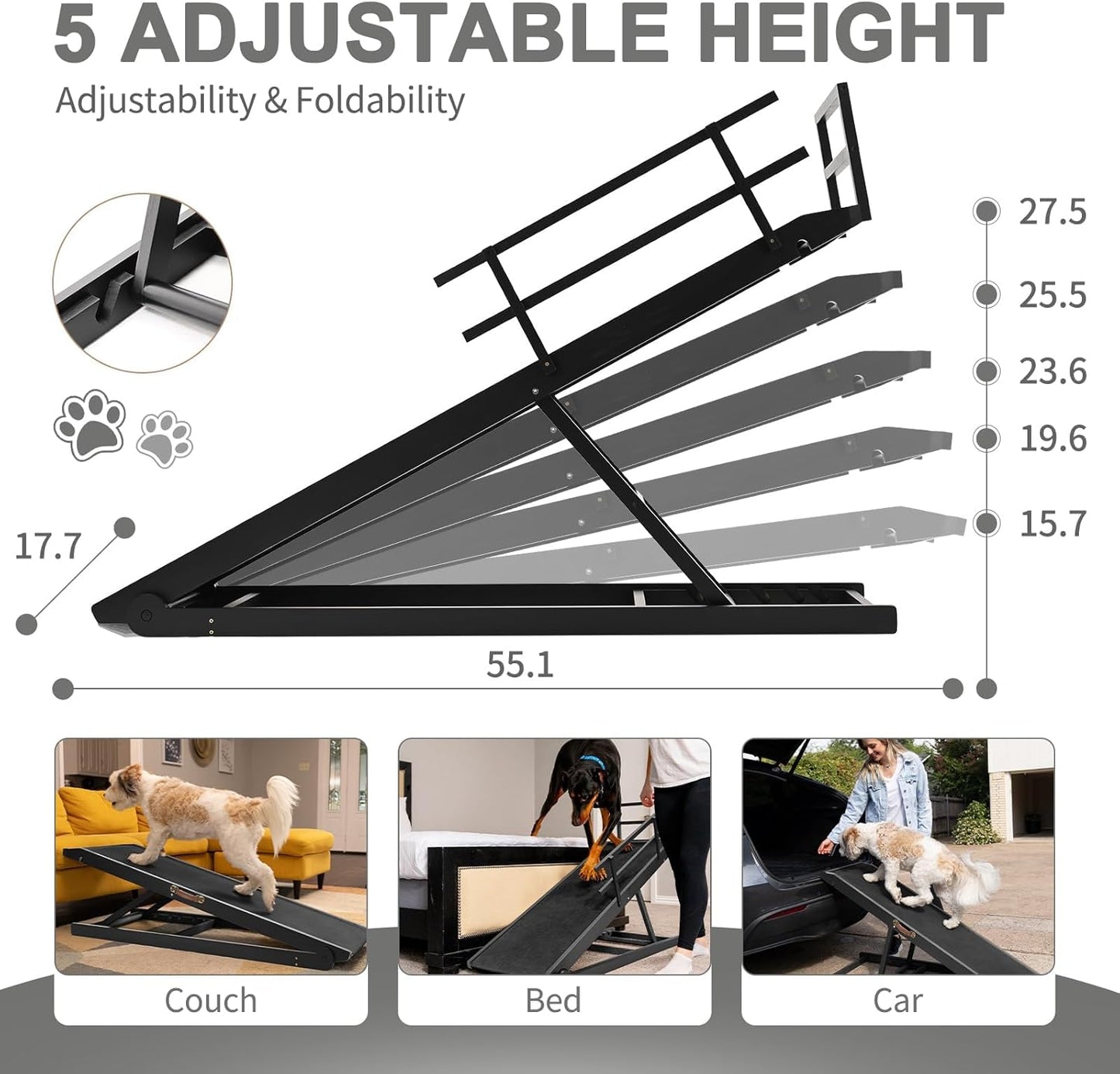 ABORON Antislip Dog Ramp, Adjustable Folding Pet Ramp for Small & Large Old Dogs & Cats, High Traction Portable Rubber Paw Ramps, Supports up to 200 lbs, Used for Bed Couch SUV, 39.3'' Long