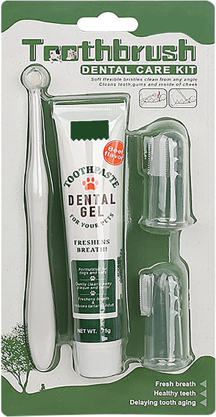 Pet Dog Tooth Brushing Kit - Dog Finger Toothbrush, 360° Toothbrush & Beef Flavor Toothpaste for Dogs Puppy Cats Teeth Oral Cleaning, Fresh Breath, Reduces Plaque & Tartar Buildup Dental Care Kit