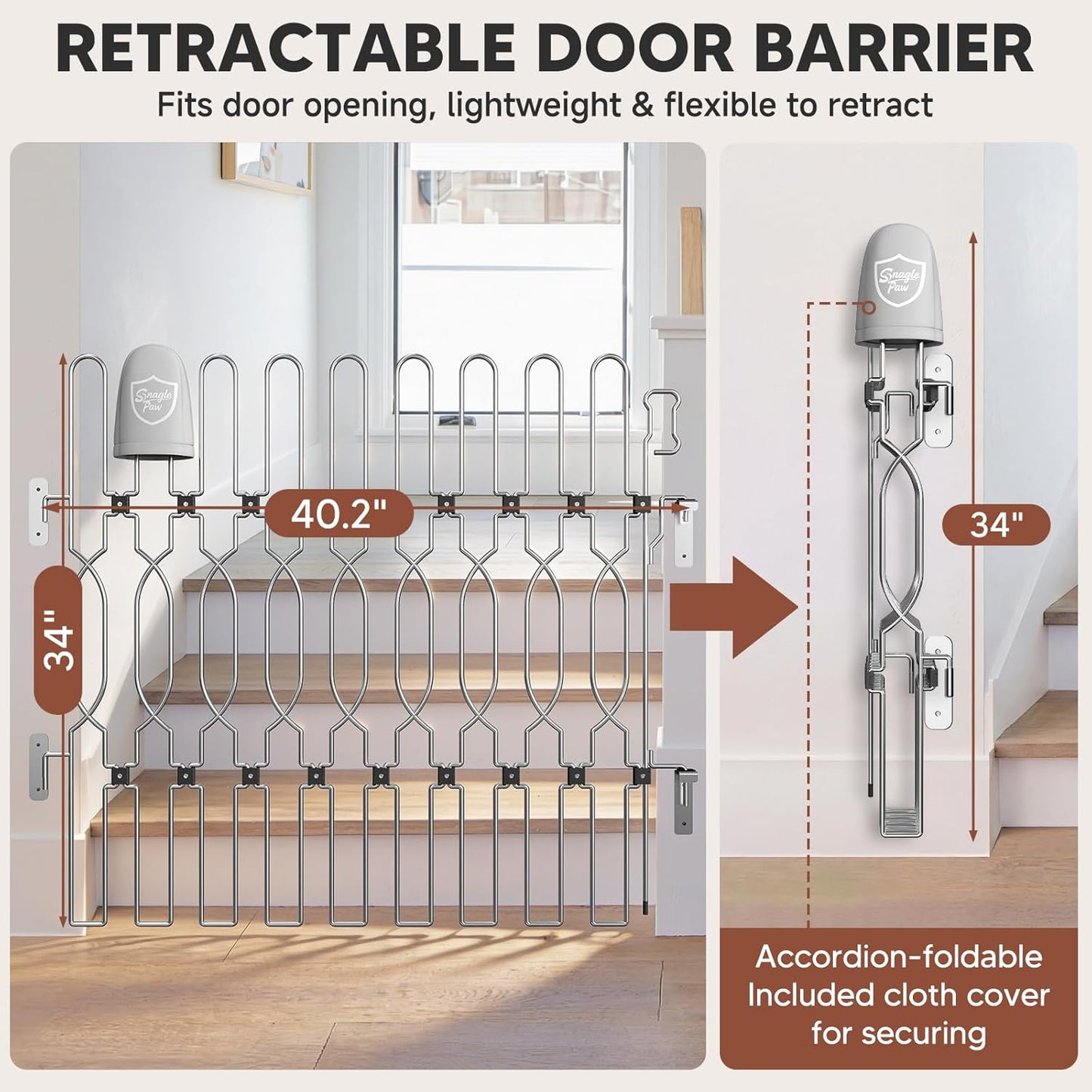 Snagle Paw Extra Tall Metal Retractable Door Barrier, 28.4" Wide 35" Tall Safety Dog Gate for Front Door,Easy Install Retractable Pet Gate for Recreational Vehicle,Doorways