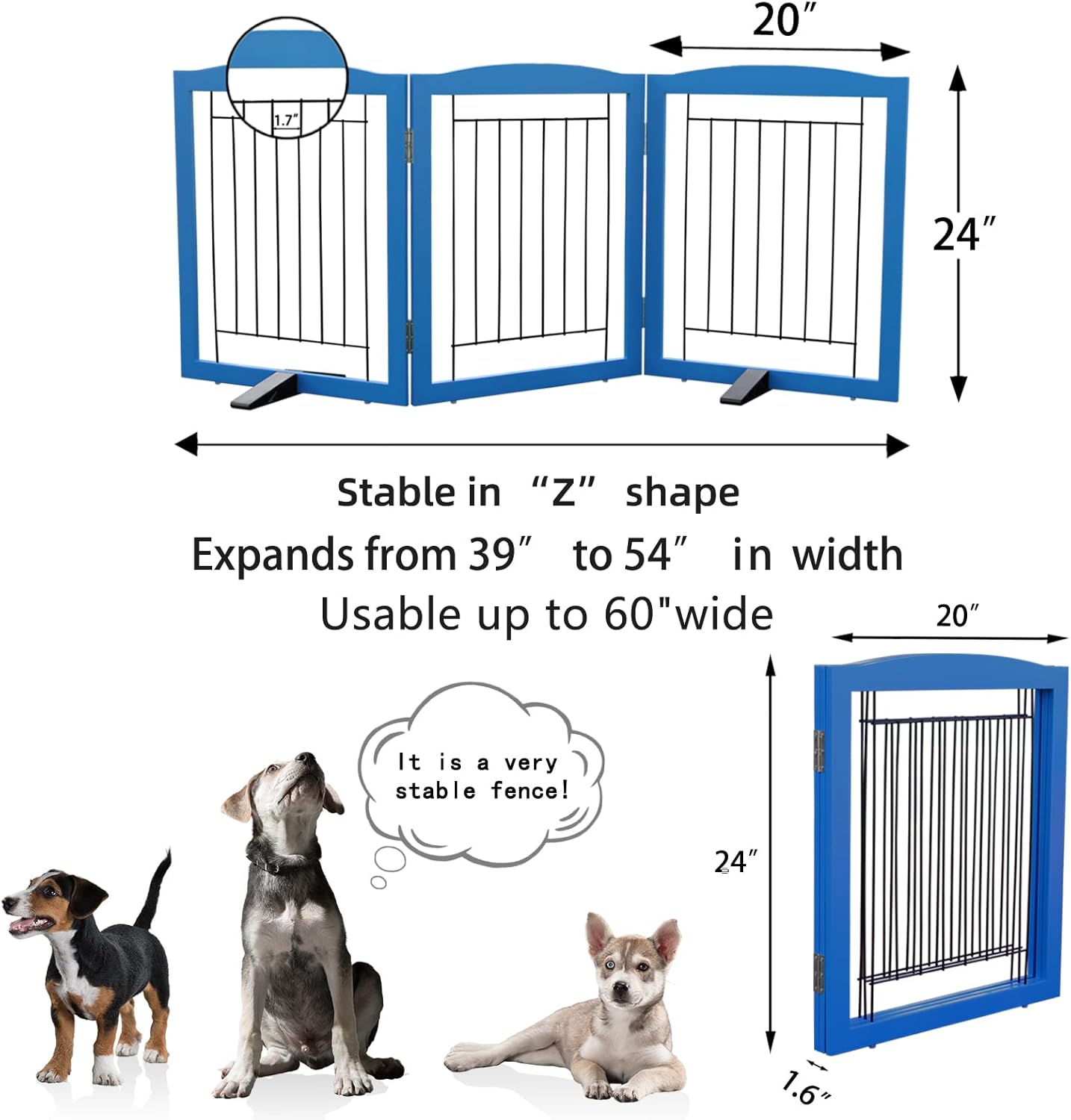 ZJSF Freestanding Dog Fence Indoor, Foldable Dog Gate for Doorways, Stairs or Hallways, Sturdy Wood Extra Wide Pet Gate with Support Feet for The House, White, 24 "Height-3 Panels