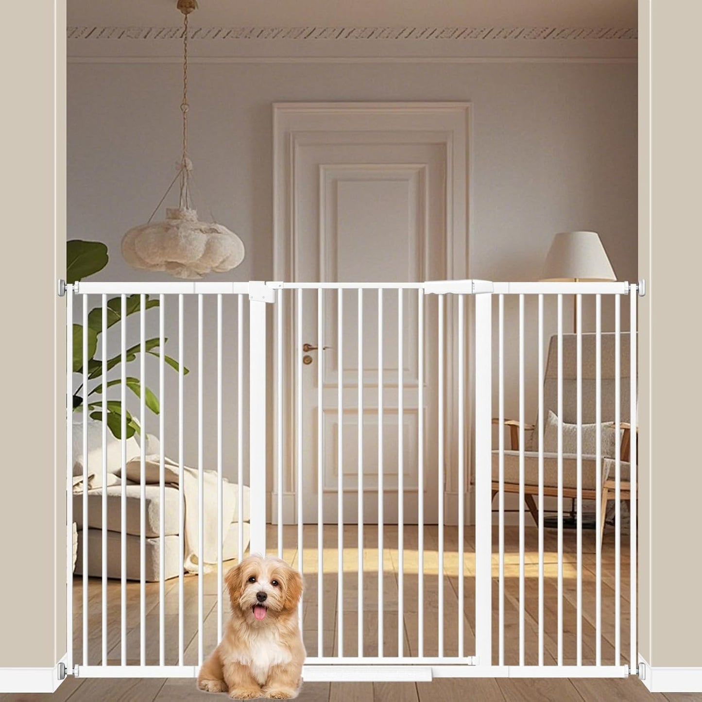 WAOWAO 40.55" Extra Tall 1.37" Ultra Narrow Spacing 53.74-61.61" Extra Wide Dogs Pets Baby Gate Safety Indoor Puppy Pressure Mounted Gate No Drill Black Metal for Stairs,Doorways,Kitchen,Hallway