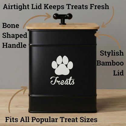 Dog Treat Container Airtight - 6 Inch Wide x 8 Inch Tall Iron Dog Treat Jar for Kitchen Counter with Airtight Bamboo Lid - 12 Cup Capacity Pet Treat Container - Doggie Cookie Jar - Big Treats Canister