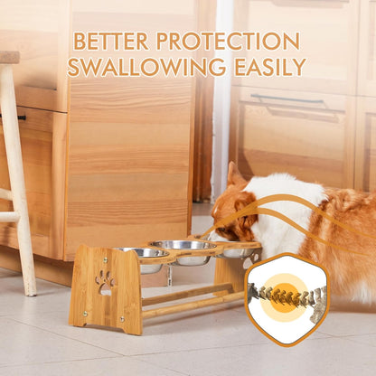 X-ZONE PET Elevated Dog Bowls for Cats and Dogs, Adjustable Bamboo Raised Dog Bowls for Small Dog, Food and Water Set Stand Feeder with 2 Stainless Steel Bowls and Anti Slip Feet (Height 4" to 4.5")