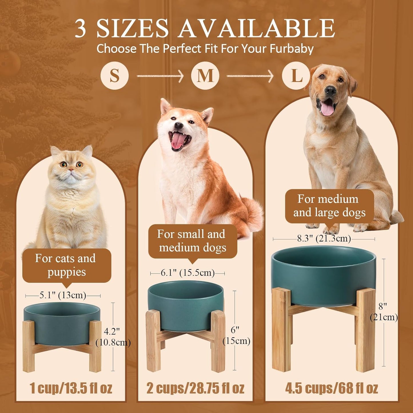 Elevated Ceramic Cat Bowl - Cat Food Bowl with Bamboo Stand - Raised Dog Dish for Puppies - Anti Vomiting, Stress Free - 13.5 oz / 400 ml - White