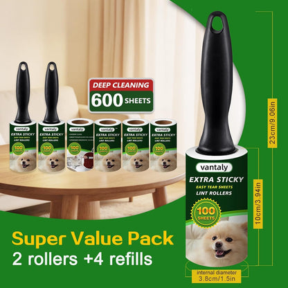 Lint Rollers for Pet Hair Extra Sticky, 600 Sheets Value Set Lint Roller with 2 Upgraded Handles, 6 Rollers Portable Pet Lint Remover for Clothes, Furniture, Carpet, Dog & Cat Hair Removal