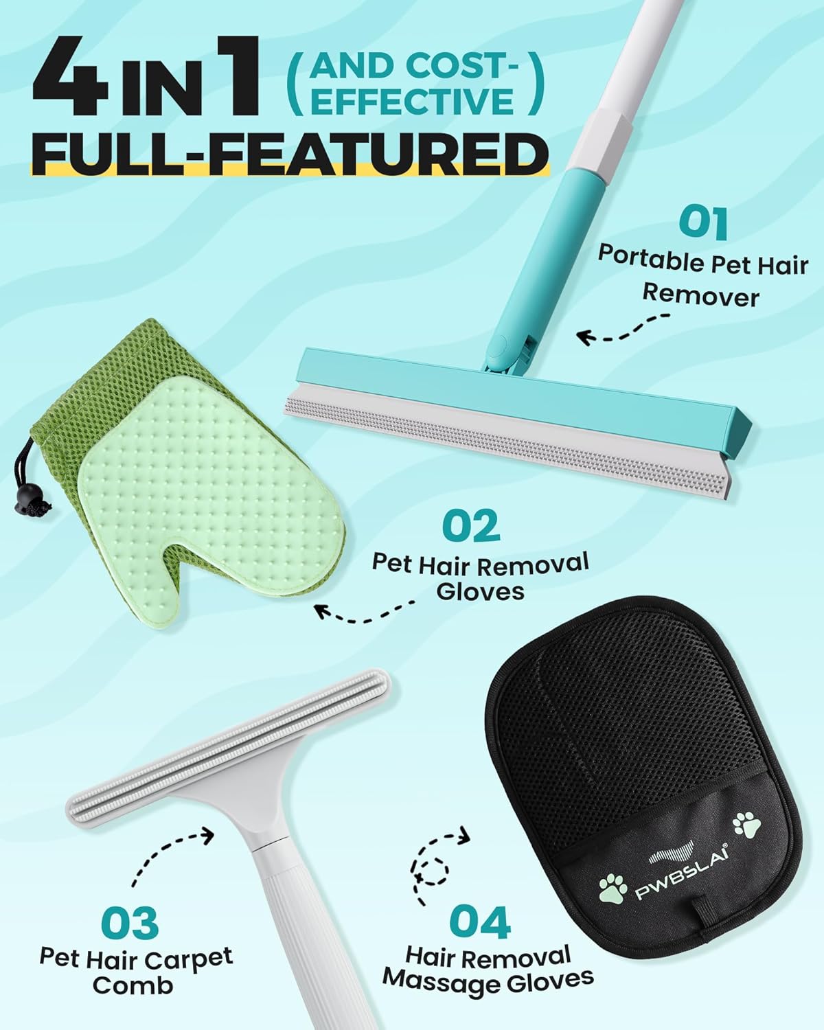 Carpet Rake for Pet Hair Removal Tool - 4 in 1 Pet Hair Remover Kit for Dog Cat Fur Remover, Contain 60" Adjustable Rubber Broom, Glove, Magic Brush and Scraper for Furniture,Short Pile Carpets, Mats