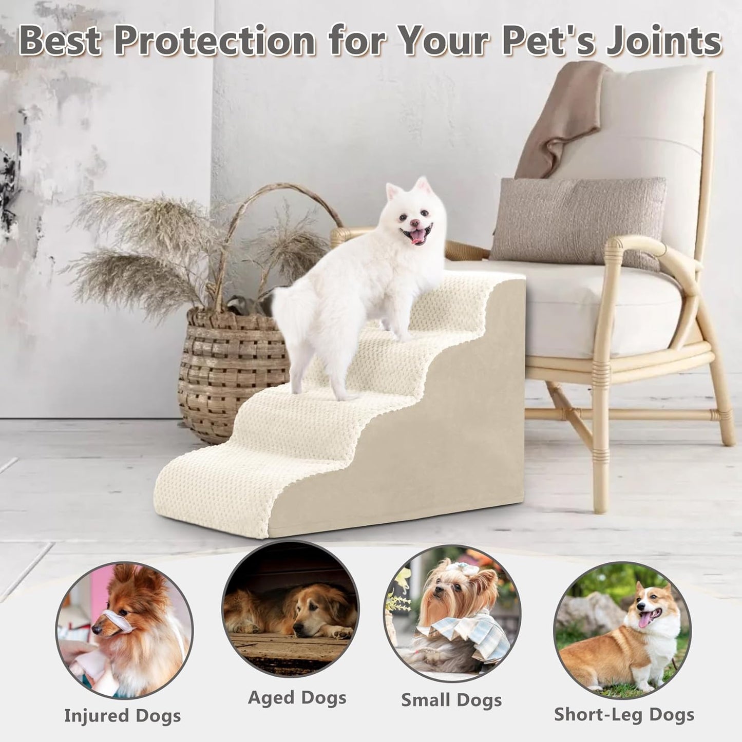 Dog Stairs Ramp, Curved 3-Step Dog Steps for Small Dogs and Cats, Pet Stairs for High Beds and Couch with Anti-Slip Washable Cover and Durable High Density Foam, Dark Grey