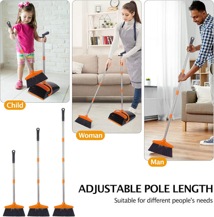 Broom and Dustpan Set with Long Handle, Light Weight Stainless Steel Poles Stand Upright Dustpans with Broom Combo for Home Kitchen Office Pet Dog Hair, Brown & Beige Color, 1-Pack