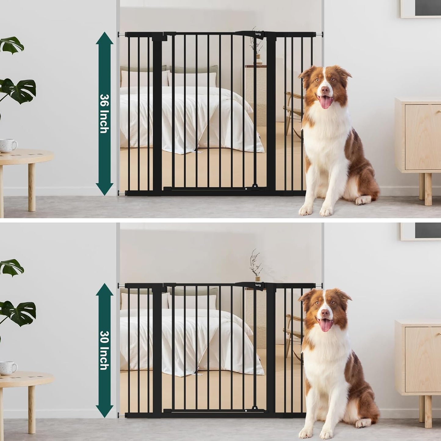 keny 29.7"-46" Baby Gate for Stairs, Auto Close Dog Gates for Doorways, Pressured Mounted No Drilling Pet Gate Extra Wide, One-Hand Opening Dual Lock Stair Gate, Indoor Kids Necessities, Black