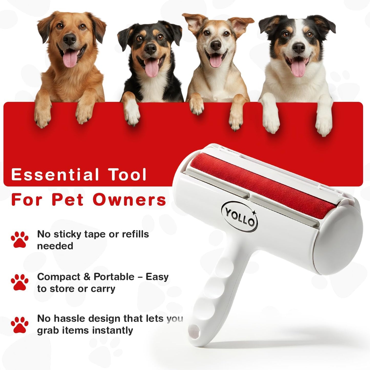 YOLLO Roller Pet Hair Remover - Portable Dog Hair Remover - Self-Cleaning Pet Hair Remover with Built-in Fur Bin, Reusable Lint Roller for Dog & Cat Hair on Furniture, Carpet, Sofa, Bed, Car - White