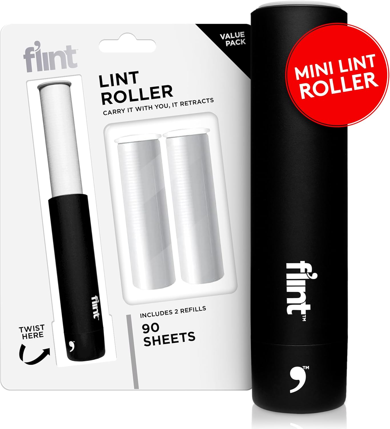 Flint Rose Gold Retractable Mini Lint Roller with 90 Extra Sticky Sheets, Small and Portable Lint Roller, Ideal Pet Hair Remover, Travel Lint Rollers for pet Hair Extra Sticky
