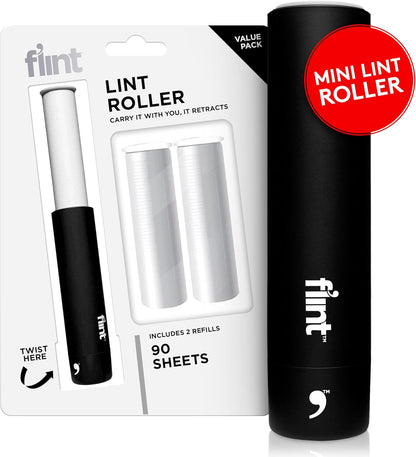Flint Rose Gold Retractable Mini Lint Roller with 90 Extra Sticky Sheets, Small and Portable Lint Roller, Ideal Pet Hair Remover, Travel Lint Rollers for pet Hair Extra Sticky