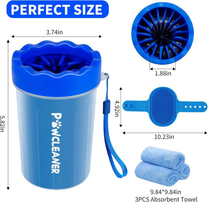 Professional 7 in 1 Dog Paw Cleaner for Dogs & Cats - Includes 1 Portable Paw Washer, 1 Bath Brush, 2 Dog Toothbrushes and 3 Absorbent Towels Note: Fits Paws up to 2 Inches Wide (Small, Blue)