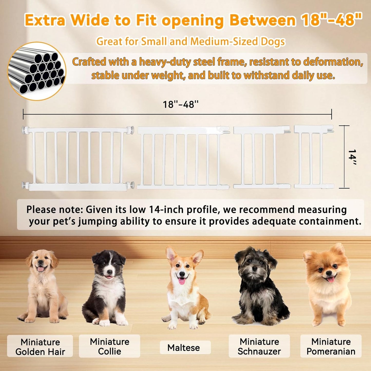 SHYUJAJIE Dog Gate for Small Dogs,Adjustable 18-48" Extra Wide Short Dog Gate for doorways,Low Pet Gate to Step Over for Stairs(White, 10" Height)