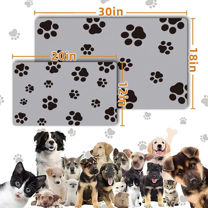 18"×30" Dog Food Mat-Absorbent Dog Mat for Food and Water, No Stains Quick Dry Cat Food Bowl Mat with Footprints for Messy Drinkers,Dark Grey