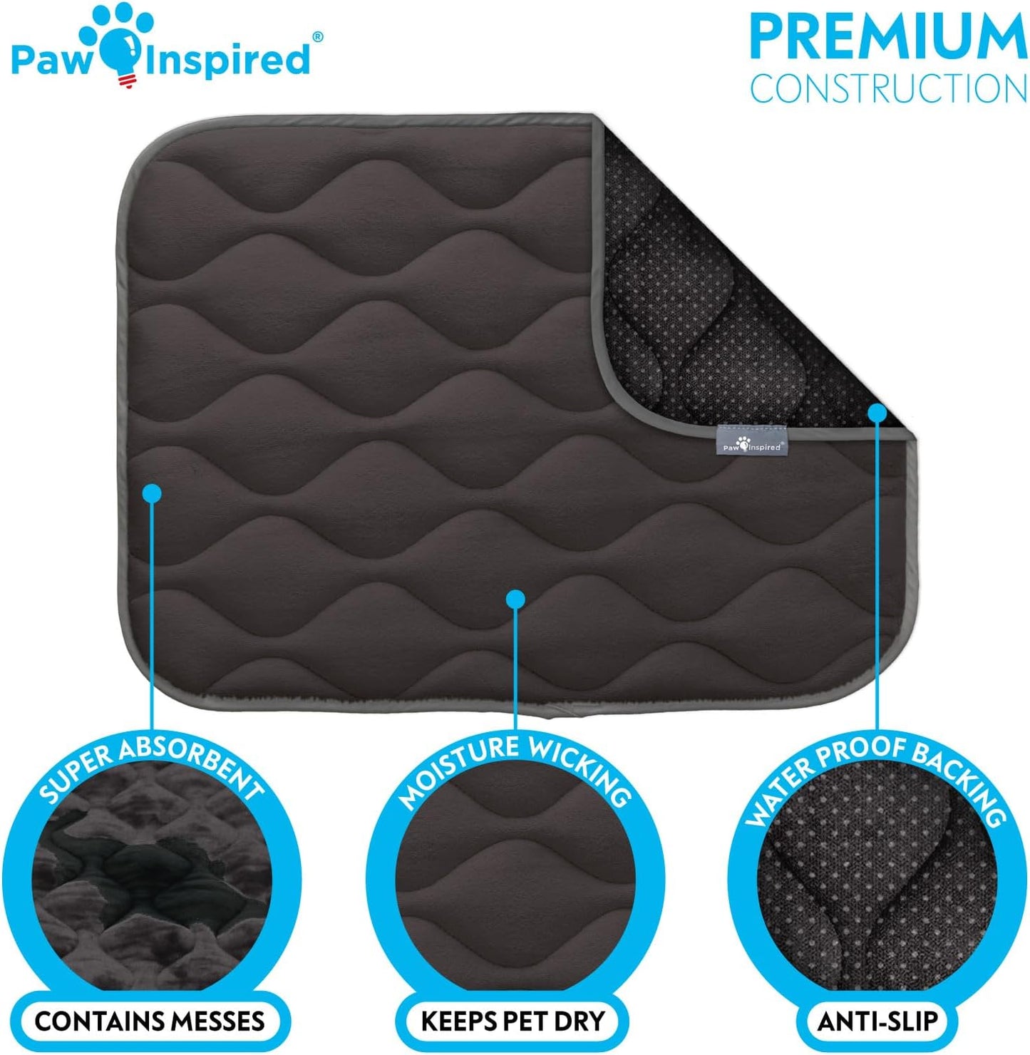 Paw Inspired Washable Padded Crate Mats for Dogs | 29” x 18” Pad, Fits 30-inch Kennels | Leakproof, Waterproof Bottom, Plush Pet Beds (Gray)