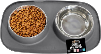 GORILLA GRIP Feeding Mat Set, Patent Pending 100% Waterproof BPA Free Silicone, Stainless Steel Cat and Dog Bowls, Slip Resistant, 1 Black mat/tray with 2 stainless steel bowls