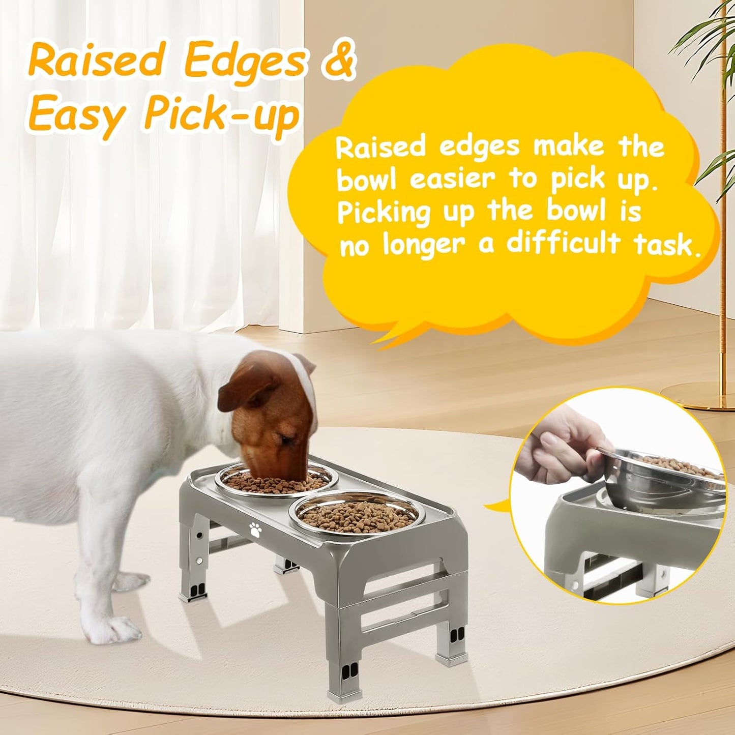 Elevated Raised Dog Bowl Stand with 2 Stainless Steel Bowls, Adjustable Height for Medium Large Dogs, 12.36" - 3.7" Foldable Feeder, Grey