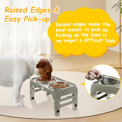 Elevated Raised Dog Bowl Stand with 2 Stainless Steel Bowls, Adjustable Height for Medium Large Dogs, 12.36" - 3.7" Foldable Feeder, Grey